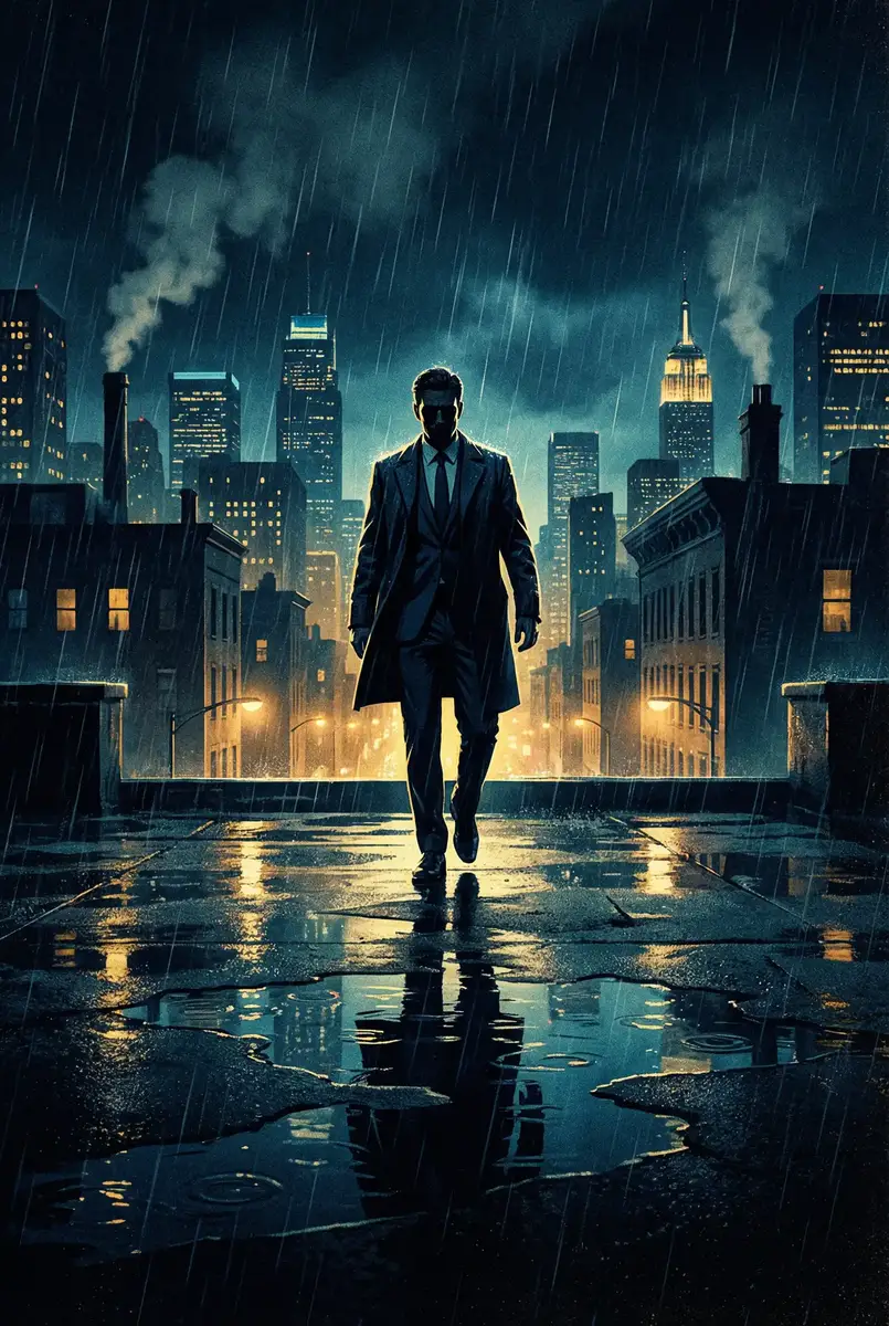 凶蝎 出品影片《雨夜独行者》海报，雨中城市屋顶男性剪影